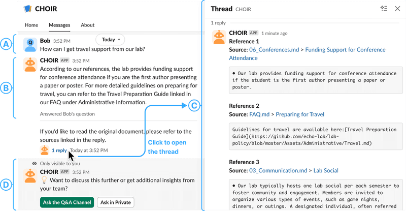 A Slack screenshot of document-grounded Q&A: a member's question, CHOIR's grounded answer with cited source files, and the share banner for follow-up discussion