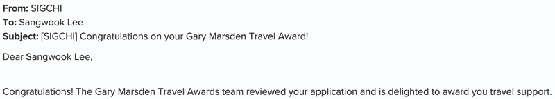 An Email informing that I has been accepted in Gary Marsden Travel Award